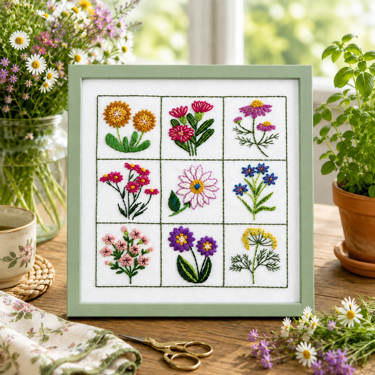 Framed embroidery of various flowers on a white background hand embroidery kit pattern