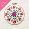Embroidery hoop with floral pattern on a white background, labeled 'PDF Pattern'.