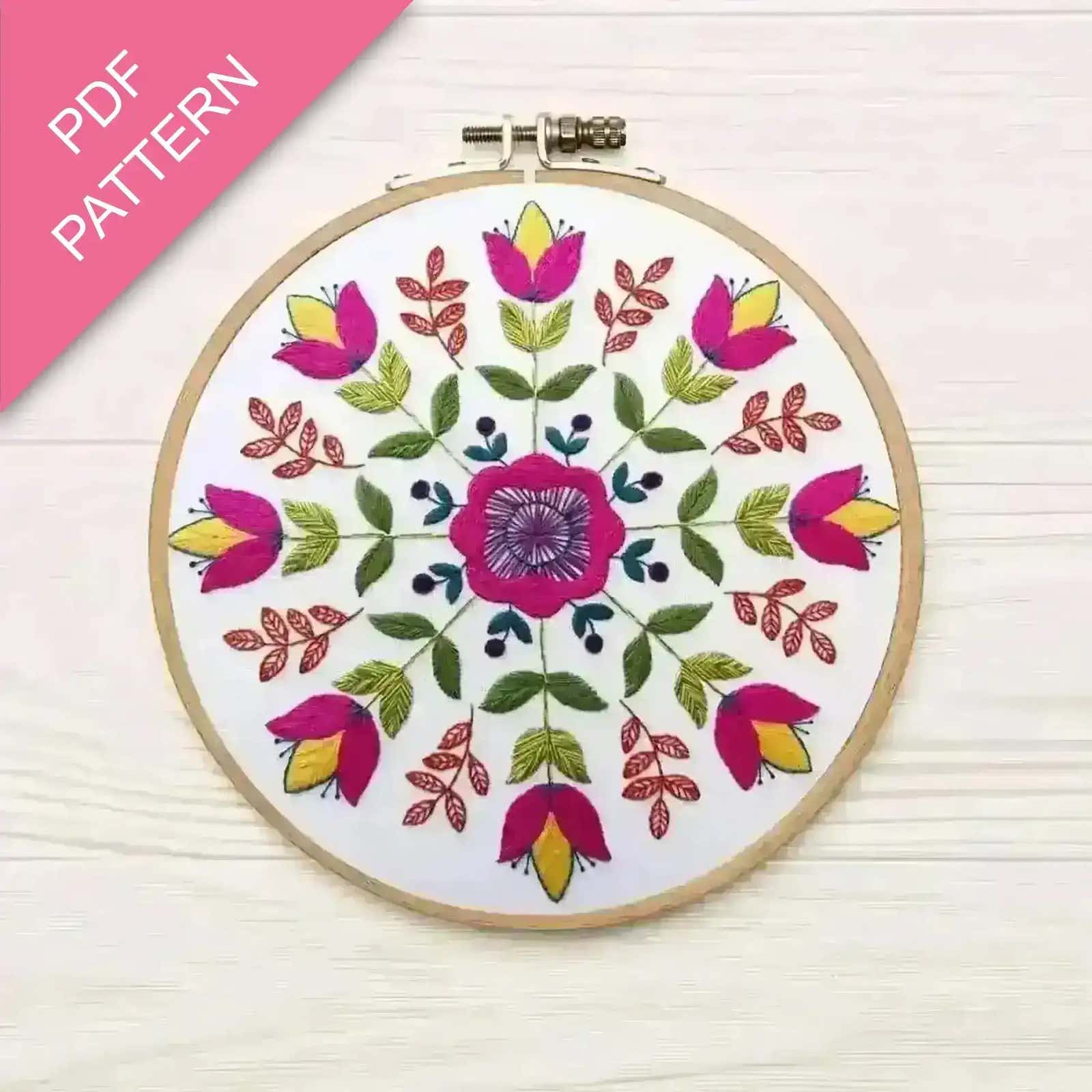 Embroidery hoop with floral pattern on a white background, labeled 'PDF Pattern'.