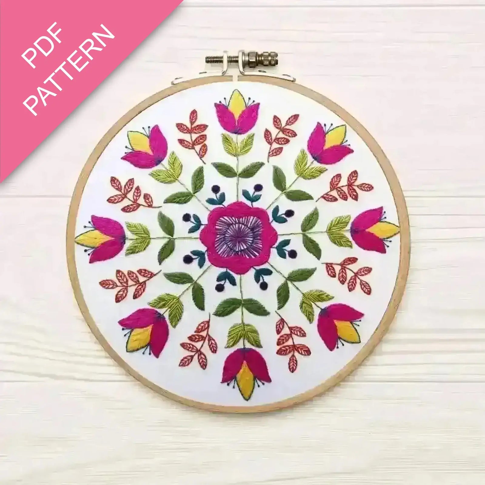 Embroidery hoop with floral pattern on a white background, labeled 'PDF Pattern'.