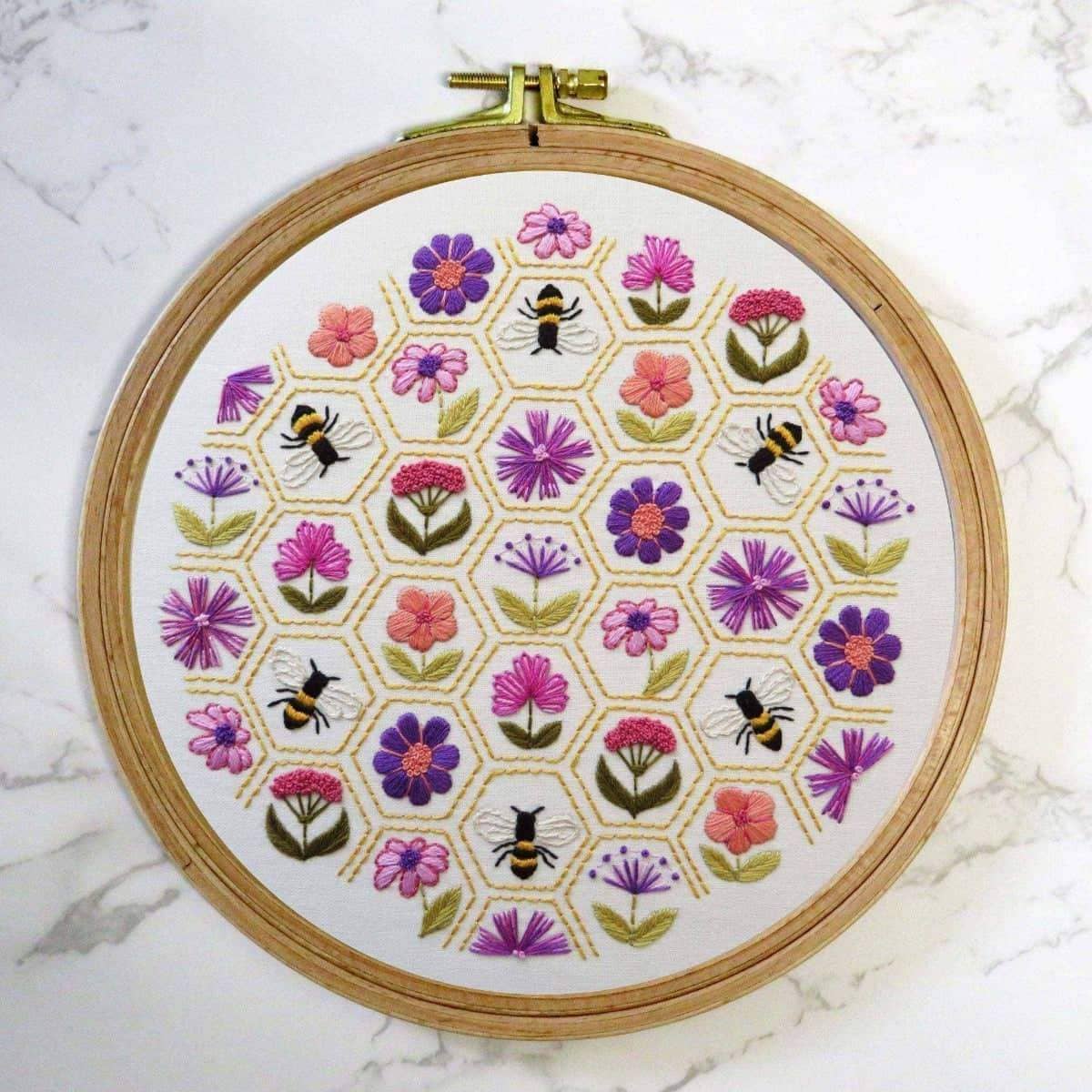 Flower Hive Hand Embroidery Kit , Embroidery Kit , StitchDoodles , beginner embroidery, embroidery hoop kit, embroidery kits for adults, embroidery kits for beginners, flower embroidery, hand embroidery, hand embroidery kit, modern embroidery kits, unique embroidery kits , StitchDoodles , shop.stitchdoodles.com