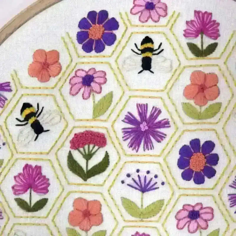 Flower Hive Hand Embroidery Pattern , PDF Download , StitchDoodles , embroidery hoop kit, embroidery kits for adults, embroidery kits for beginners, embroidery patern, flower embroidery, hand embroidery, modern embroidery kits, unique embroidery kits , StitchDoodles , shop.stitchdoodles.com