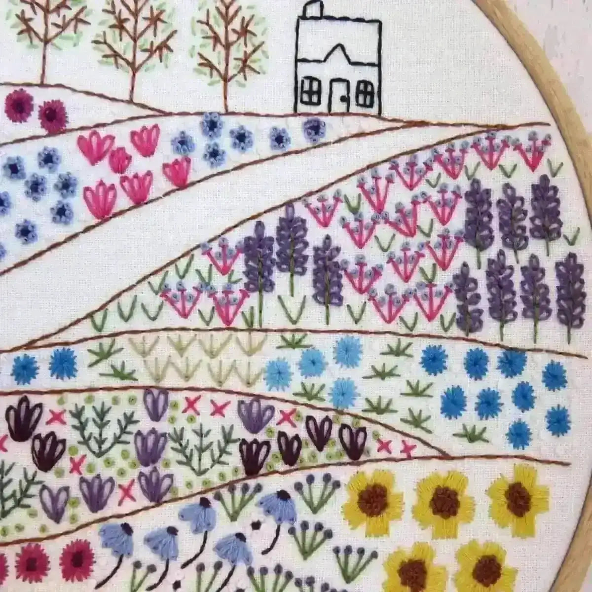 Flower Meadow Cottage Hand Embroidery Pattern , PDF Download , StitchDoodles , embroidery hoop kit, embroidery kits for adults, embroidery kits for beginners, flower embroidery, hand embroidery, modern embroidery kits, PDF pattern, unique embroidery kits, wildlife embroidery , StitchDoodles , shop.stitchdoodles.com