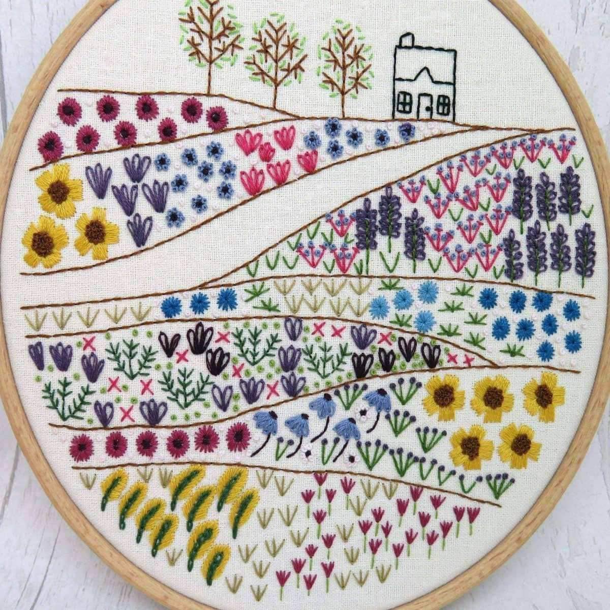 Flower Meadow Cottage Hand Embroidery Pattern , PDF Download , StitchDoodles , embroidery hoop kit, embroidery kits for adults, embroidery kits for beginners, flower embroidery, hand embroidery, modern embroidery kits, PDF pattern, unique embroidery kits, wildlife embroidery , StitchDoodles , shop.stitchdoodles.com
