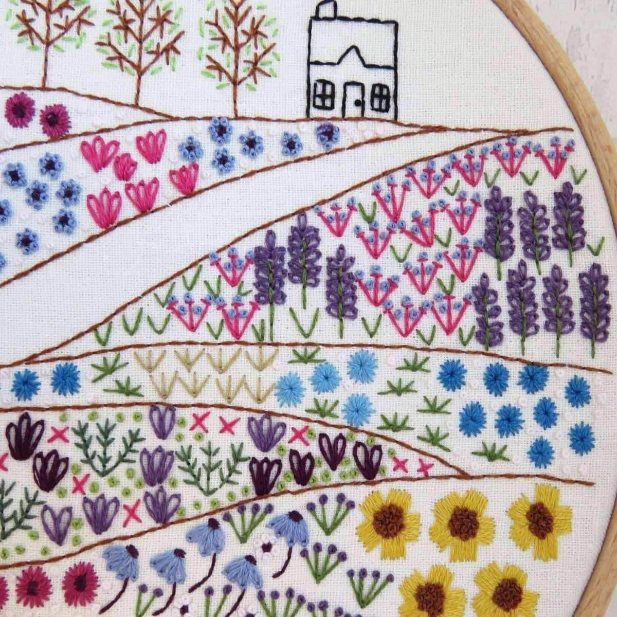 Flower Meadow Cottage Hand Embroidery Pattern , PDF Download , StitchDoodles , embroidery hoop kit, embroidery kits for adults, embroidery kits for beginners, flower embroidery, hand embroidery, modern embroidery kits, PDF pattern, unique embroidery kits, wildlife embroidery , StitchDoodles , shop.stitchdoodles.com