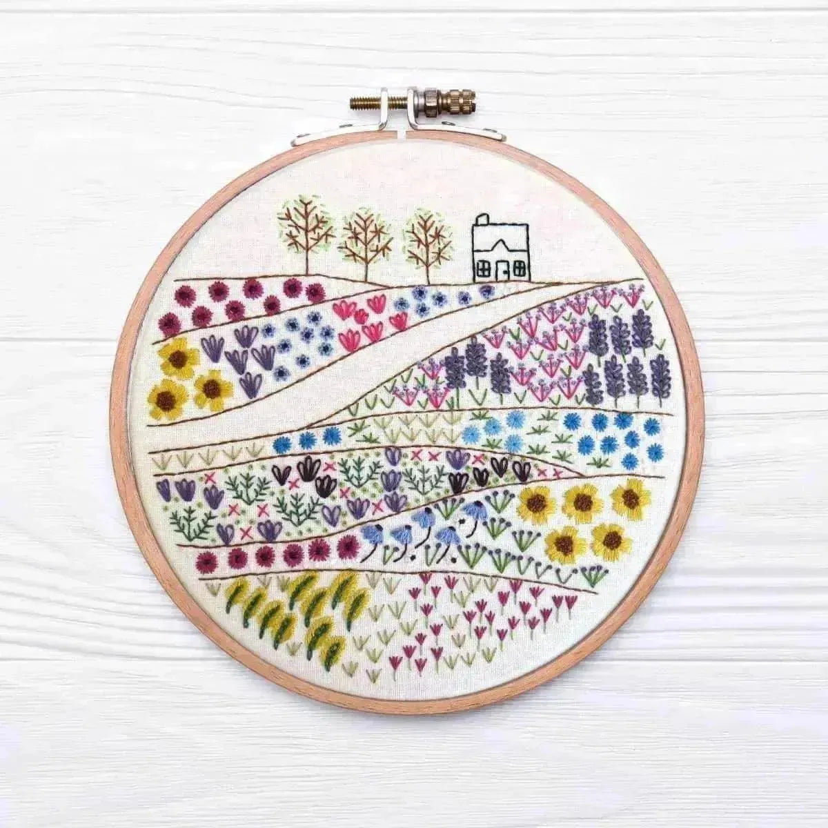 Flower Meadow Cottage, Pre Printed Embroidery Fabric Panel PLUS PDF Pattern , Pre Printed Fabric Pattern , StitchDoodles , embroidery hoop kit, embroidery kits for adults, embroidery kits for beginners, embroidery pattern, flower embroidery, hand embroidery, hand embroidery fabric, hand embroidery kit, hand embroidery pattern, modern embroidery kits, nurge embroidery hoop, PDF pattern, unique embroidery kits, wildlife embroidery , StitchDoodles , shop.stitchdoodles.com