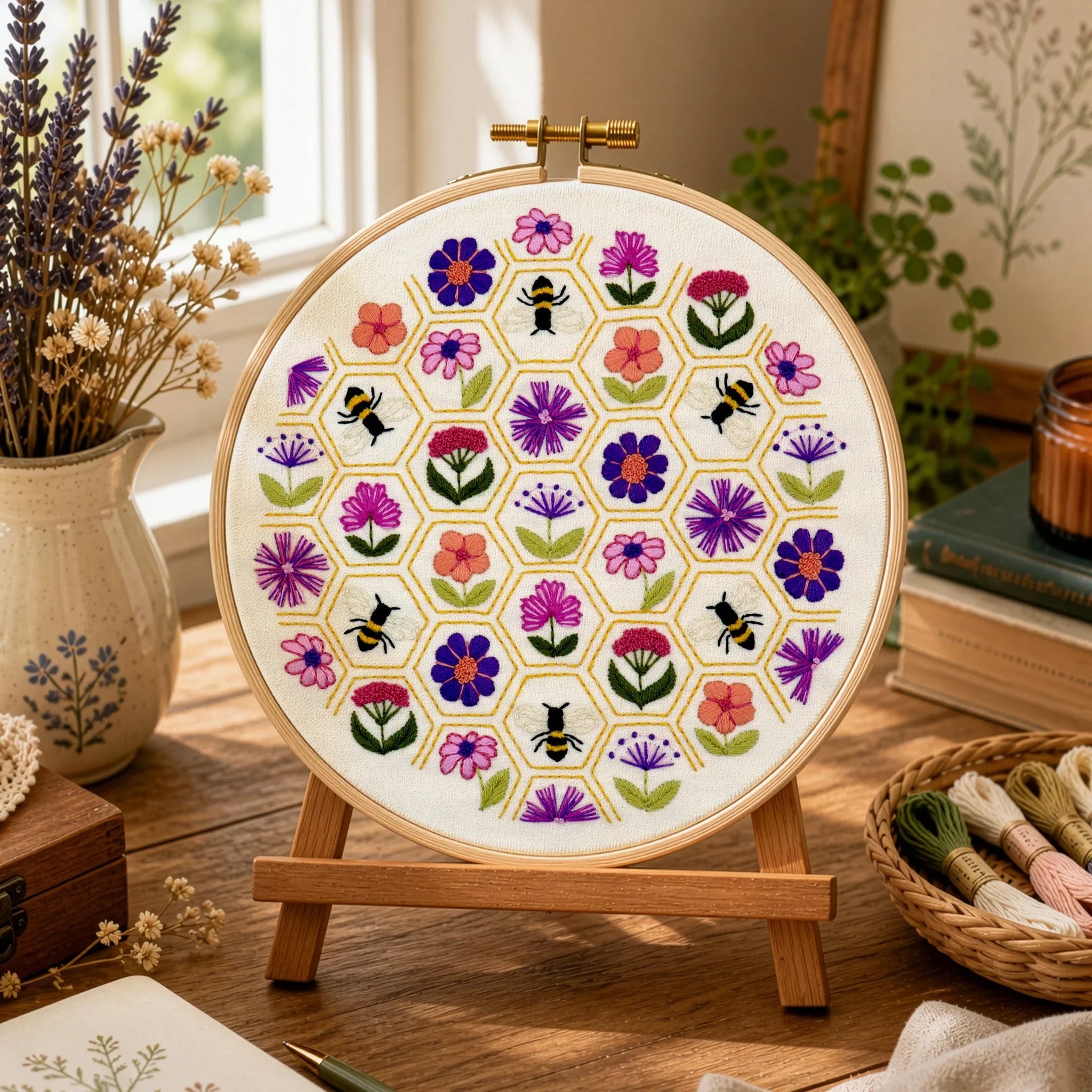 Flower Hive Hand Embroidery Kit

Gorgeous flowers and bees mixed with hexagons and beautiful colours - what could be more delightful - this is really happy stitching...