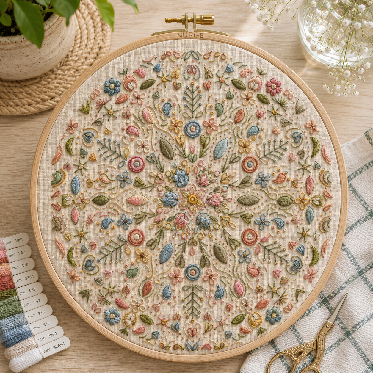 Embroidery hoop with floral pattern on a wooden surface with embroidery threads and scissors.