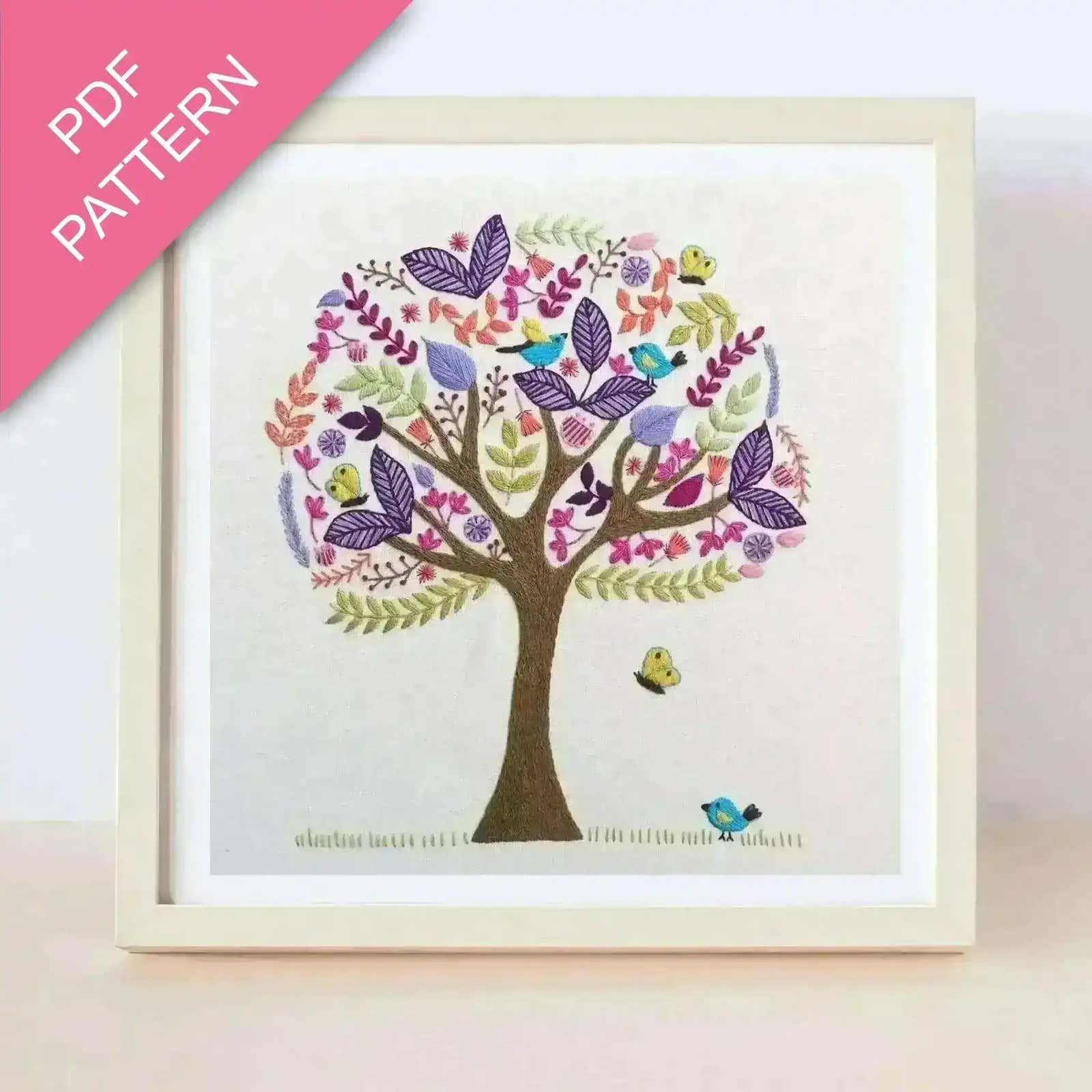 Framed colorful tree design with birds and butterflies on a light background