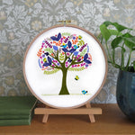 Decorative tree design on a white background inside an embroidery hoop, placed on a wooden stand with a floral wallpapered wall in the background.