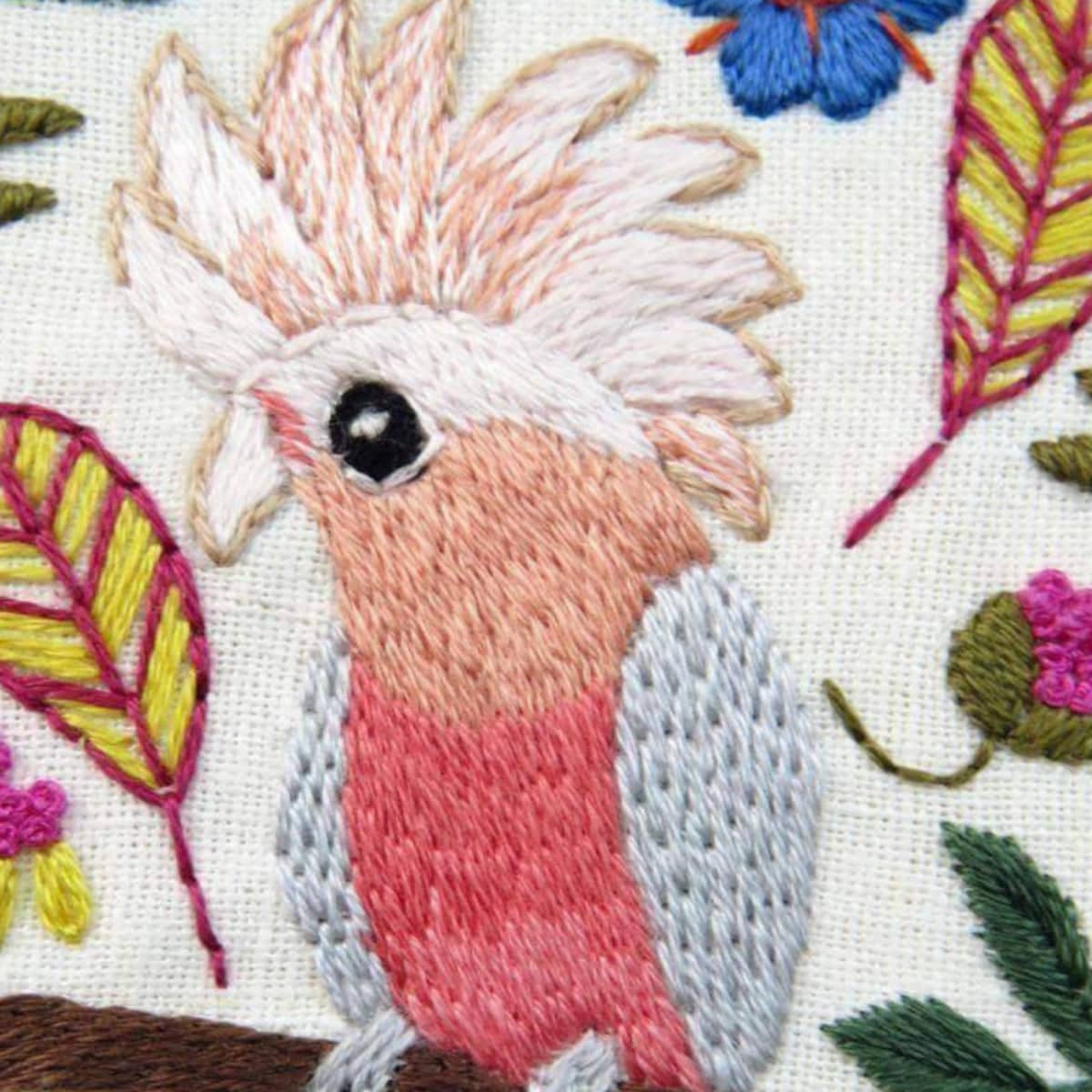 Galah Cockatoo Tropical Parrot , PDF Download , StitchDoodles , bird embroidery, embroidery hoop kit, embroidery kits for adults, embroidery kits for beginners, flower embroidery, hand embroidery, modern embroidery kits, PDF pattern, unique embroidery kits , StitchDoodles , shop.stitchdoodles.com