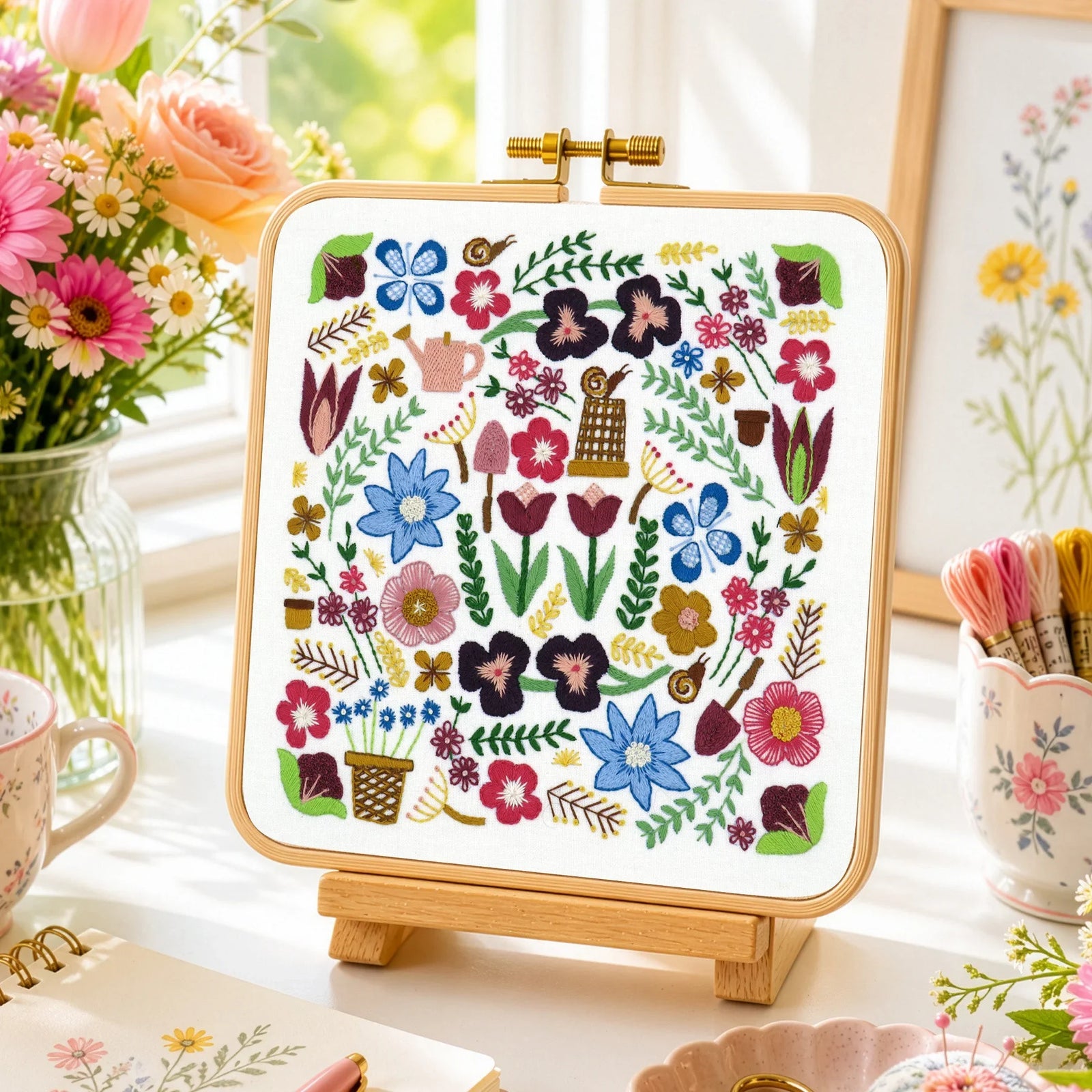 Embroidery hoop with floral design on a table with embroidery supplies