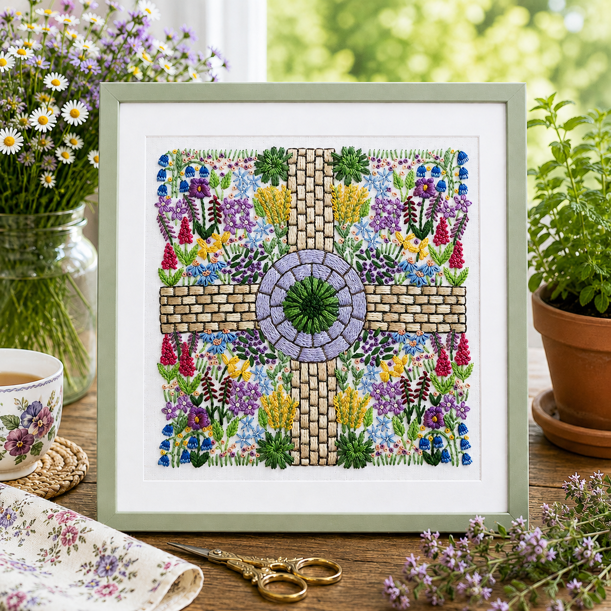 Framed cross-stitched artwork with floral patterns on a wooden table with plants and a teacup.