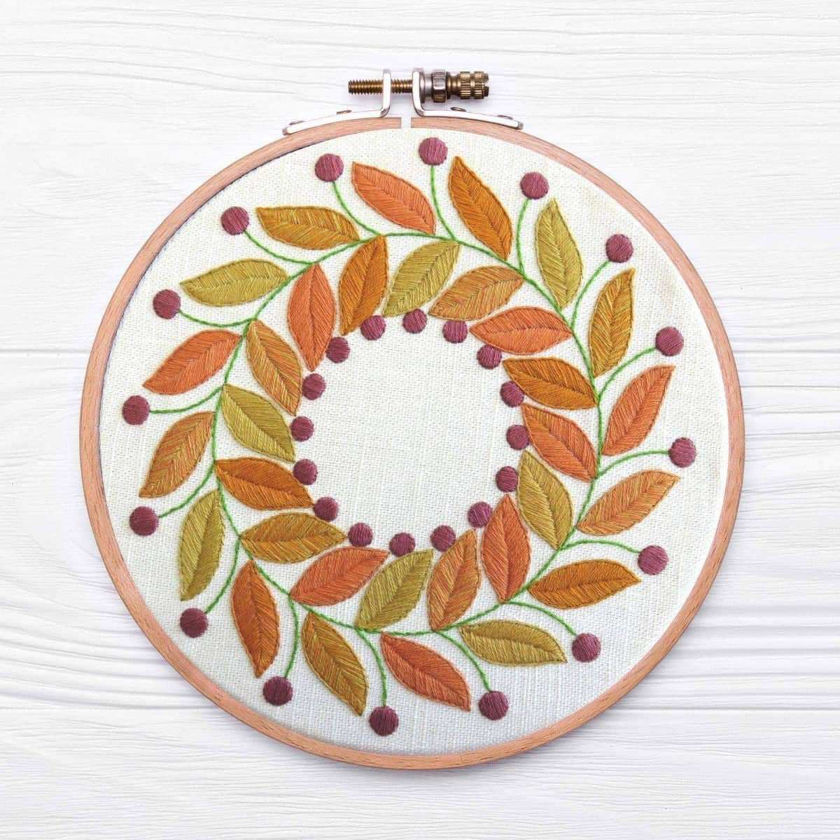 Golden Leaves, Pre Printed Embroidery Fabric Panel , Pre Printed Fabric Pattern , StitchDoodles , embroidery hoop kit, embroidery kits for adults, embroidery kits for beginners, hand embroidery, hand embroidery fabric, modern embroidery kits, PDF pattern, unique embroidery kits , StitchDoodles , shop.stitchdoodles.com