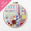 Embroidery hoop with colorful patterns on a white background, featuring the text 'PDF Pattern' on a pink banner.