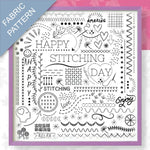 Fabric pattern with stitching-themed text and designs on a white background