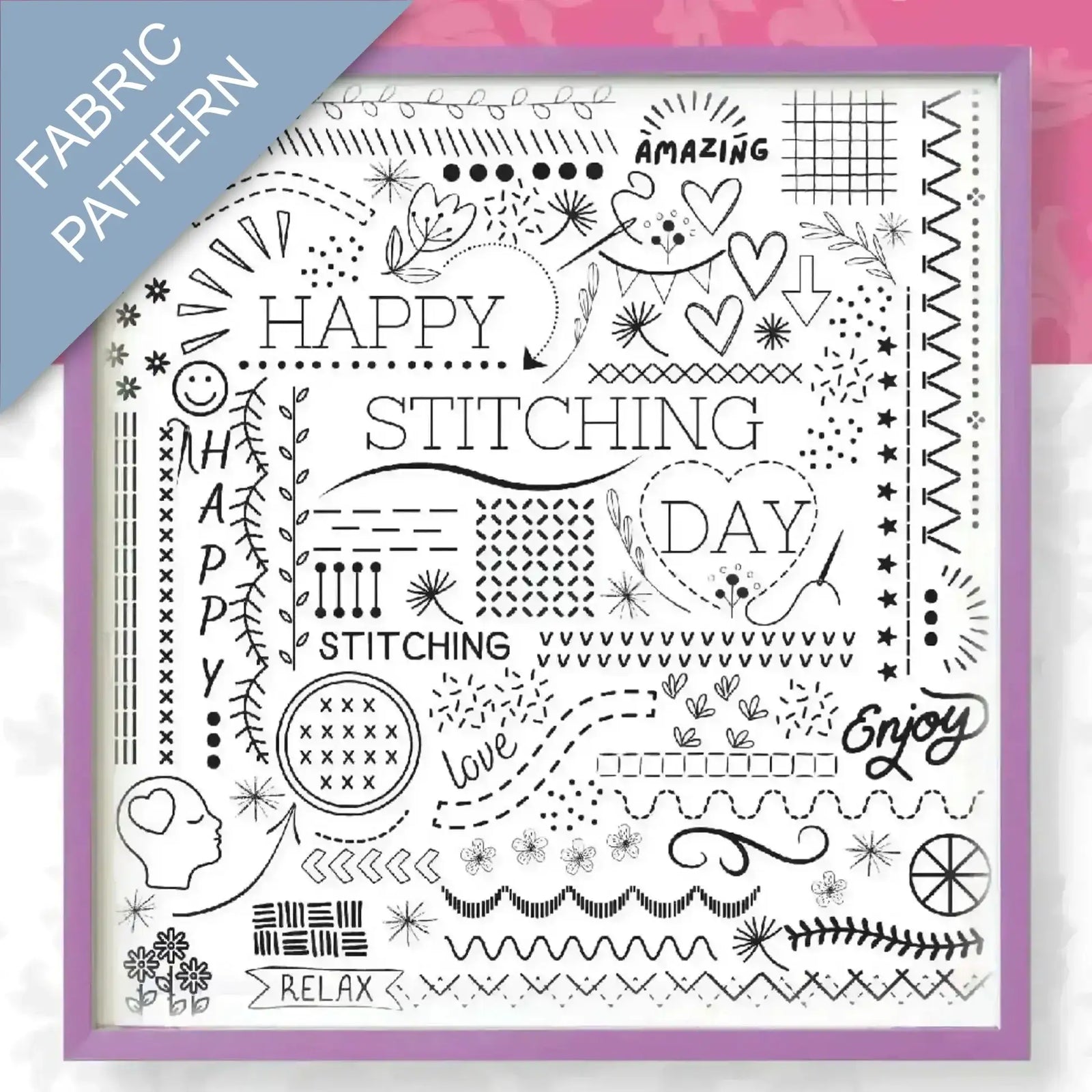 Fabric pattern with stitching-themed text and designs on a white background