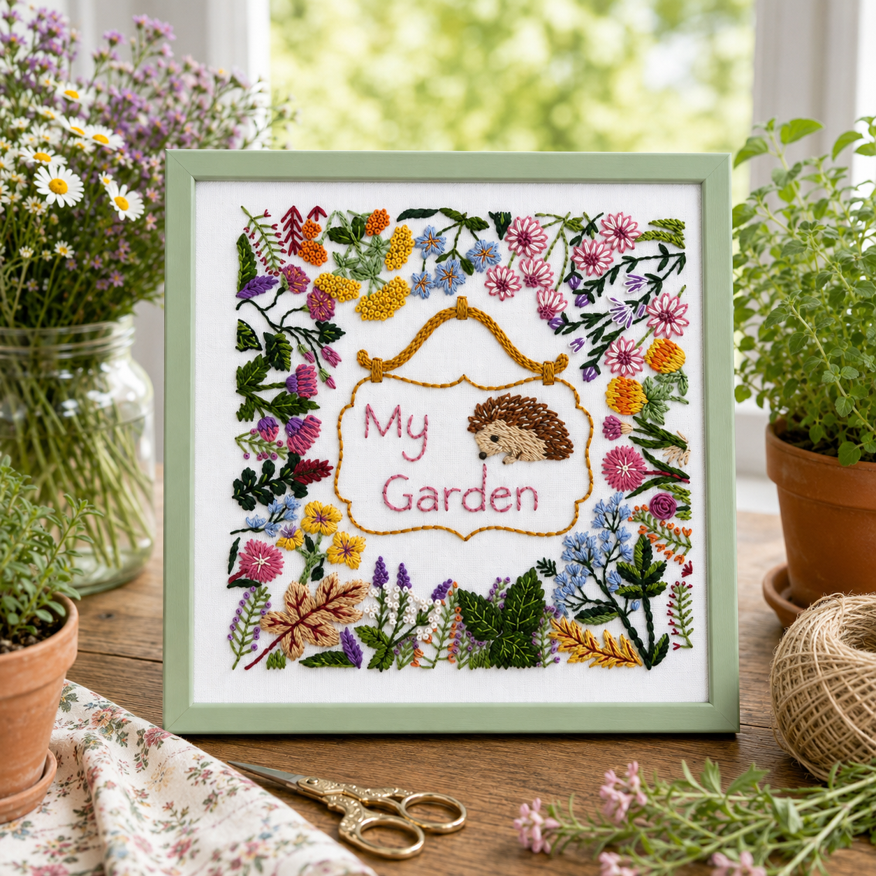 Embroidery with 'My Garden' text surrounded by floral patterns on a wooden table with plants and scissors.