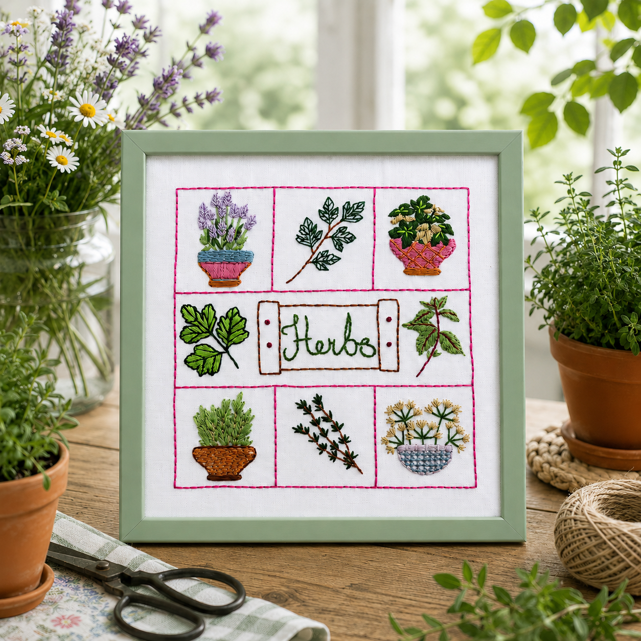 Embroidery of herbs in a green frame on a wooden surface with plants and scissors.