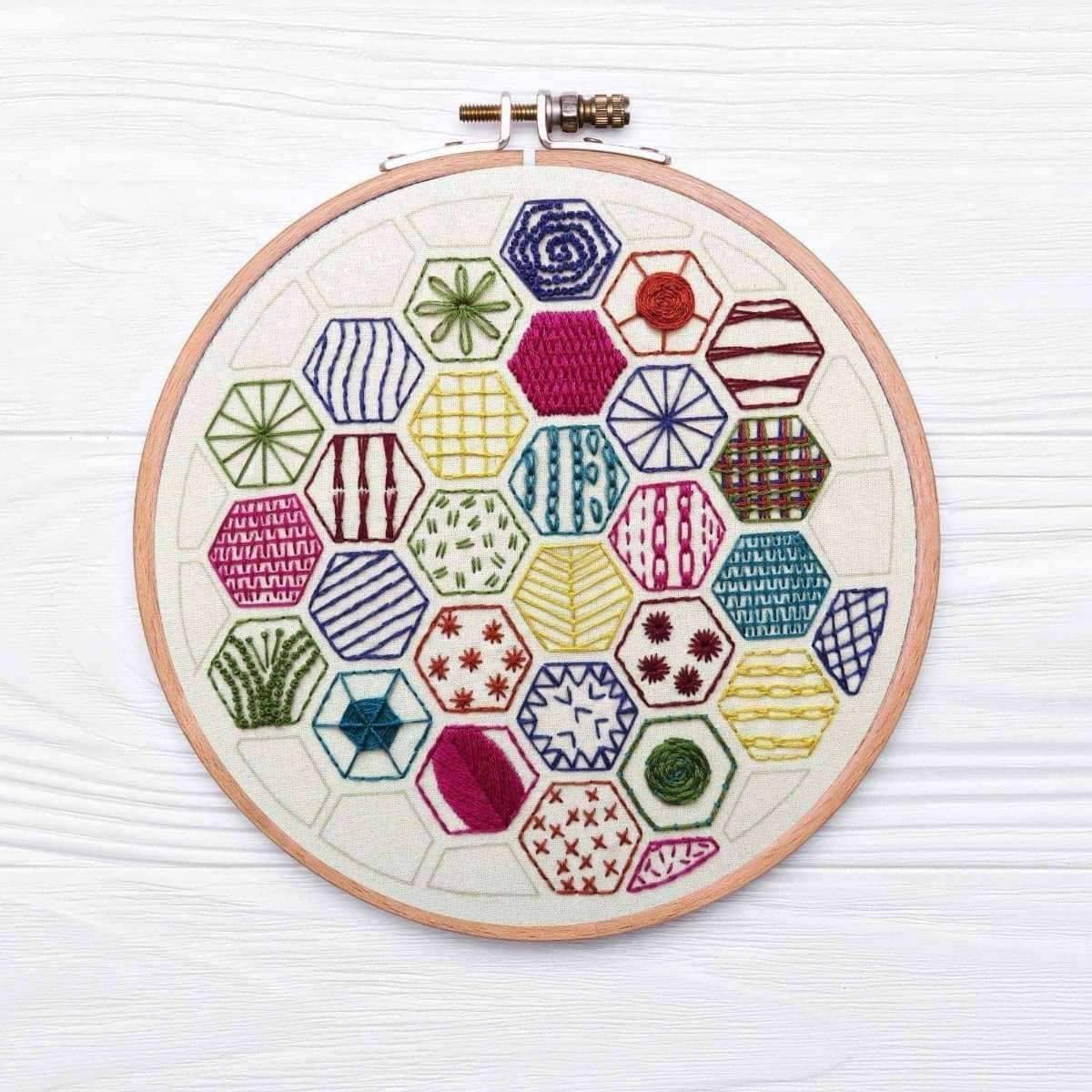 Hexagon Beginner Sampler, Pre Printed Embroidery Fabric Panel PLUS PDF Pattern , Pre Printed Fabric Pattern , StitchDoodles , embroidery hoop kit, Embroidery Kit, embroidery kits for beginners, embroidery pattern, hand embroidery, hand embroidery fabric, PDF pattern, unique embroidery kits , StitchDoodles , shop.stitchdoodles.com