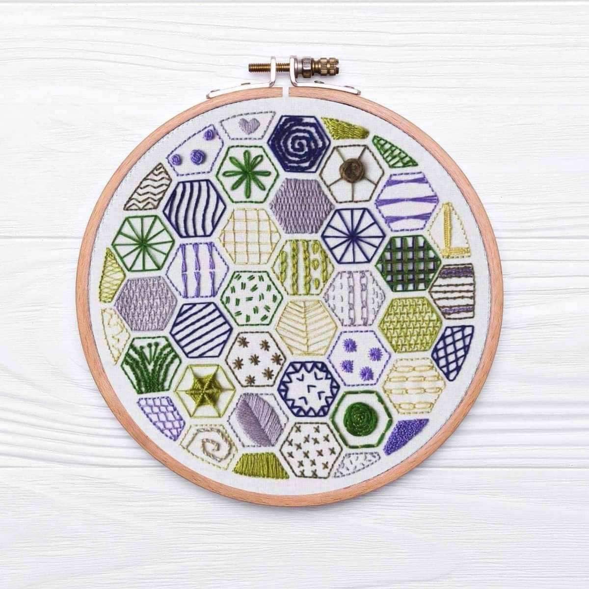 Hexagon Beginner Sampler, Pre Printed Embroidery Fabric Panel PLUS PDF Pattern , Pre Printed Fabric Pattern , StitchDoodles , embroidery hoop kit, Embroidery Kit, embroidery kits for beginners, embroidery pattern, hand embroidery, hand embroidery fabric, PDF pattern, unique embroidery kits , StitchDoodles , shop.stitchdoodles.com