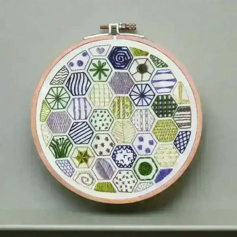 Hexagon Sampler Beginner Hand Embroidery Kit , embroidery pattern , StitchDoodles , beginner embroidery, embroidery hoop kit, embroidery kits for beginners, hand embroidery, hand embroidery kit, PDF pattern, unique embroidery kits , StitchDoodles , shop.stitchdoodles.com