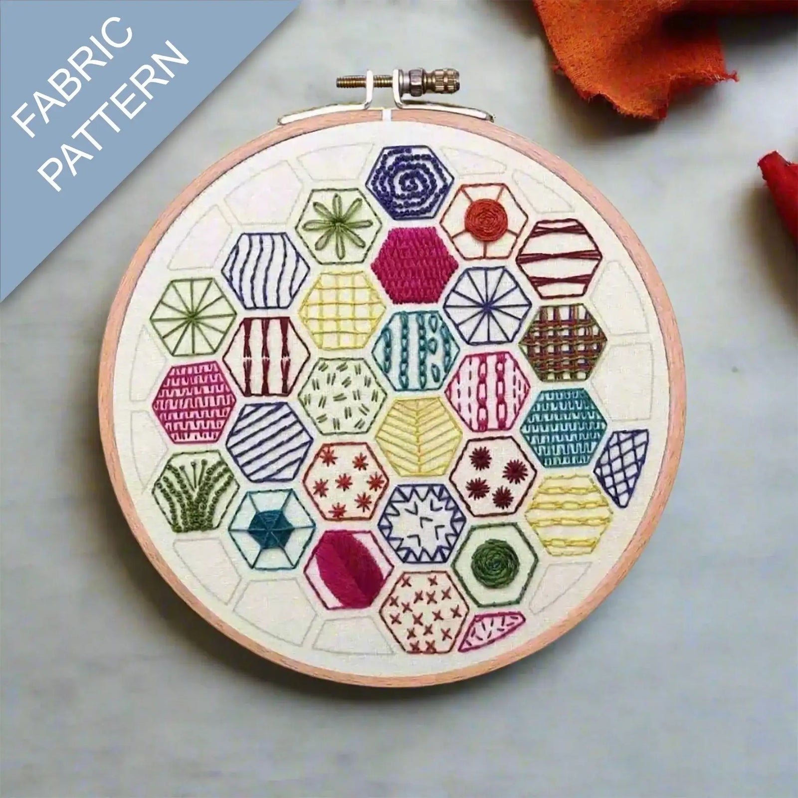 Hexagon Sampler, Pre Printed Embroidery Fabric Panel PLUS PDF Pattern
