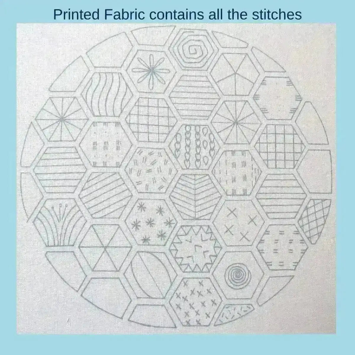 Hexagon Sampler, Pre Printed Embroidery Fabric Panel PLUS PDF Pattern , Pre Printed Fabric Pattern , StitchDoodles , embroidery hoop kit, Embroidery Kit, embroidery kits for beginners, embroidery pattern, hand embroidery, hand embroidery fabric, PDF pattern, unique embroidery kits , StitchDoodles , shop.stitchdoodles.com