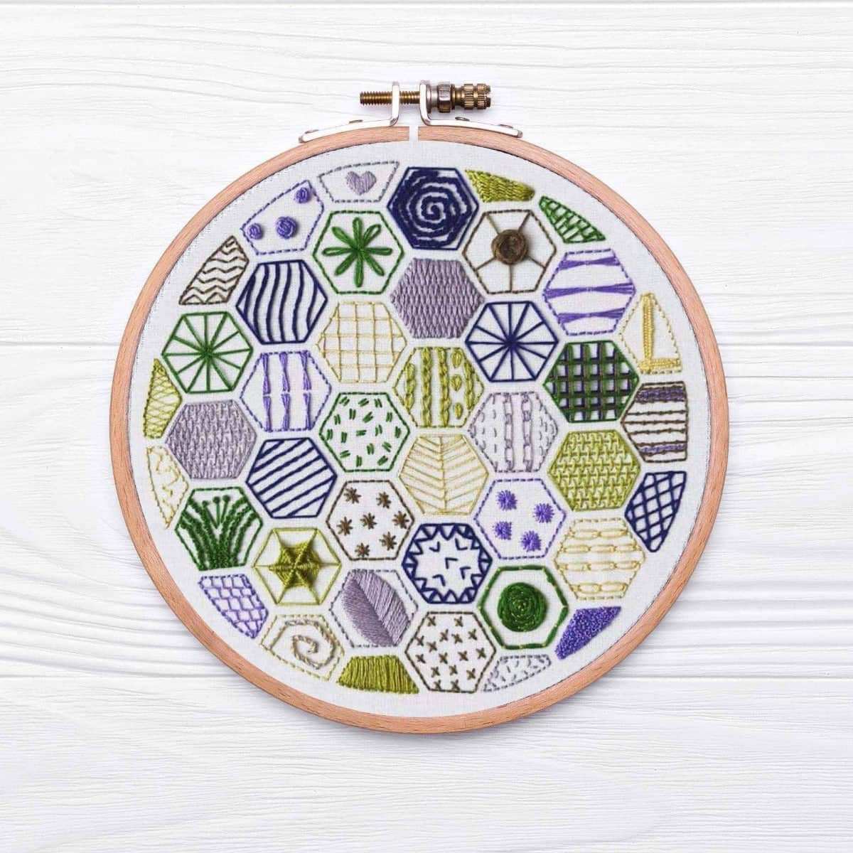 Hexagon Sampler to learn 20 hand embroidery Stitches , PDF Download , StitchDoodles , embroidery hoop kit, embroidery kits for beginners, hand embroidery, PDF pattern, unique embroidery kits , StitchDoodles , shop.stitchdoodles.com