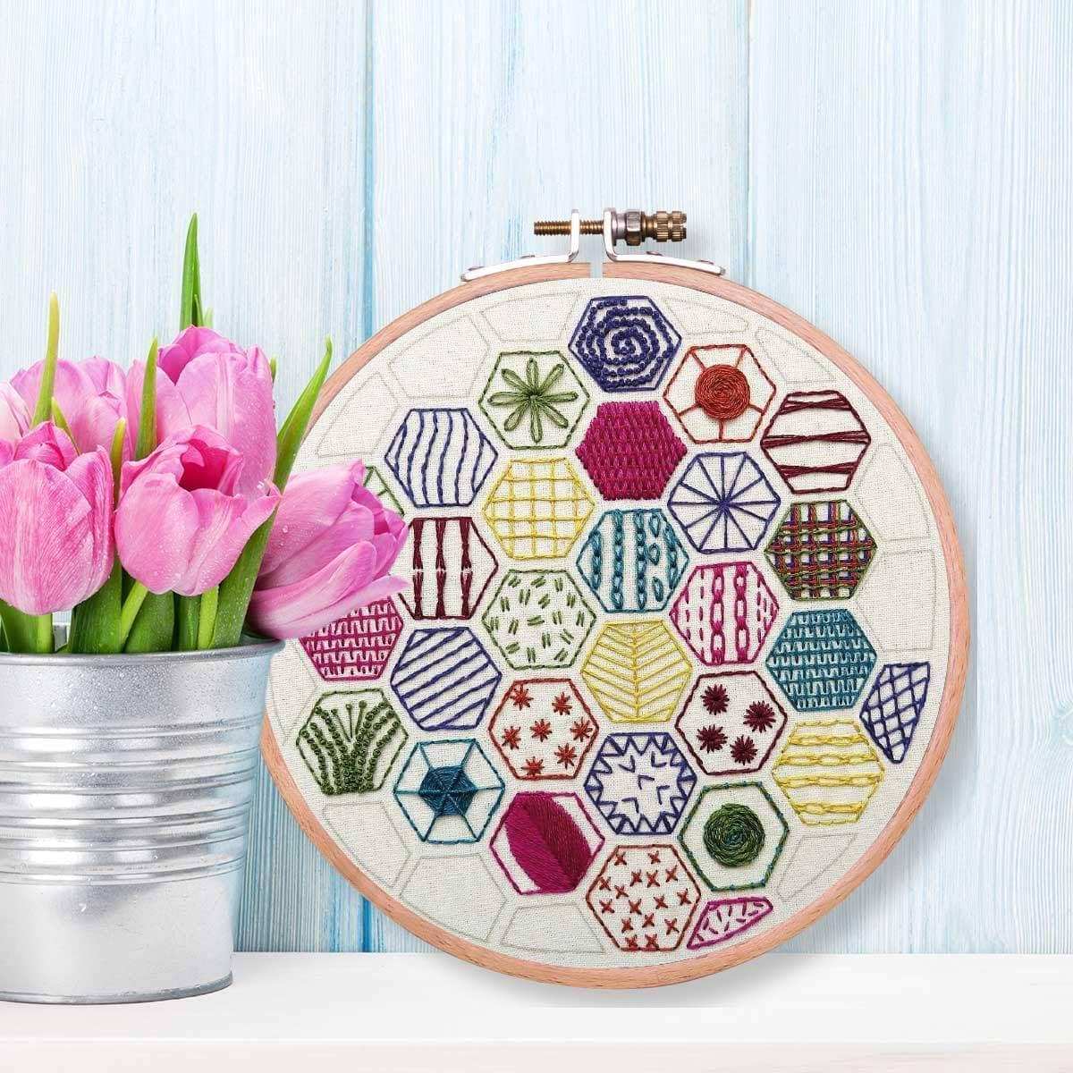 Hexagon Sampler to learn 20 hand embroidery Stitches , PDF Download , StitchDoodles , embroidery hoop kit, embroidery kits for beginners, hand embroidery, PDF pattern, unique embroidery kits , StitchDoodles , shop.stitchdoodles.com