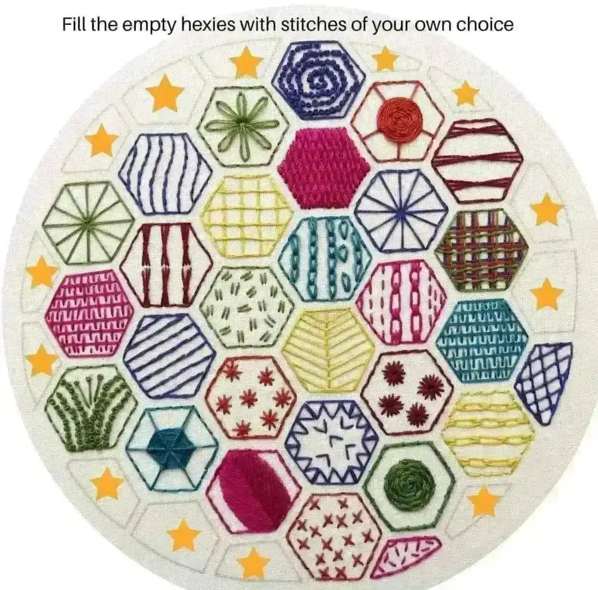 Hexagon Sampler to learn 20 hand embroidery Stitches , PDF Download , StitchDoodles , embroidery hoop kit, embroidery kits for beginners, hand embroidery, PDF pattern, unique embroidery kits , StitchDoodles , shop.stitchdoodles.com