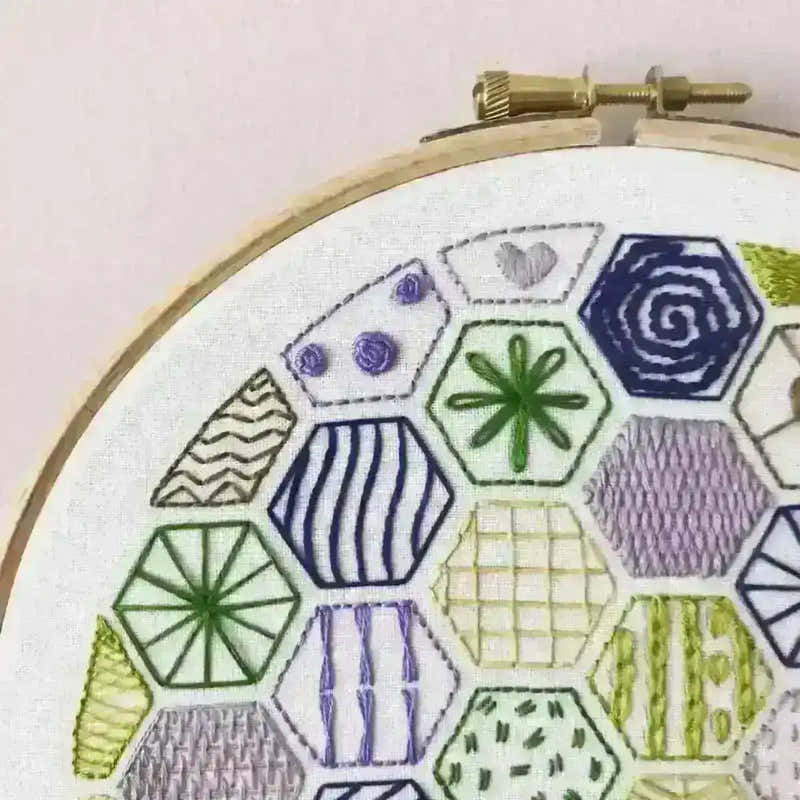 Hexagon Sampler to learn 20 hand embroidery Stitches , PDF Download , StitchDoodles , embroidery hoop kit, embroidery kits for beginners, hand embroidery, PDF pattern, unique embroidery kits , StitchDoodles , shop.stitchdoodles.com