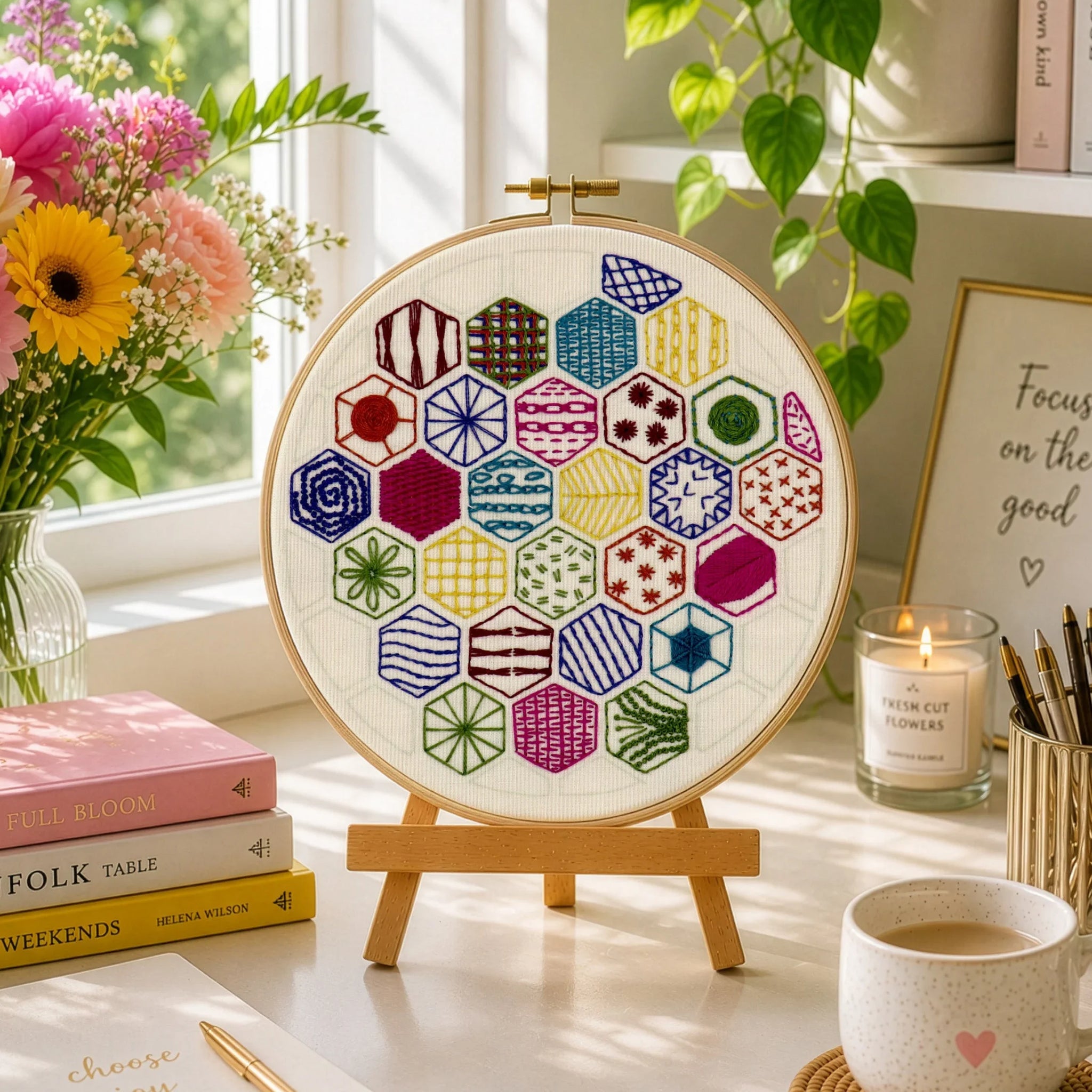 This Hexagon Sampler Embroidery Kit for Beginners is the best kit to get you started on a fabulous journey with Hand Embroidery

The 20 stitches used are the more basic and frequently used stitches to get you on your way to stitching a variety of exciting creations.