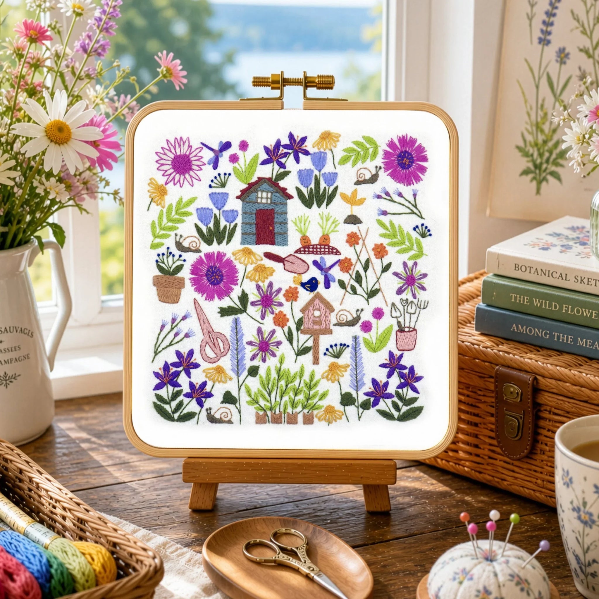 Decorative embroidery hoop with floral design on a wooden table with flowers and books in the background.