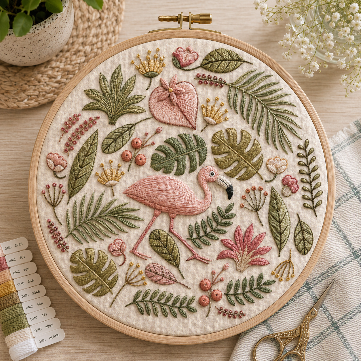 Embroidery hoop with a flamingo design surrounded by leaves and flowers on a wooden surface.