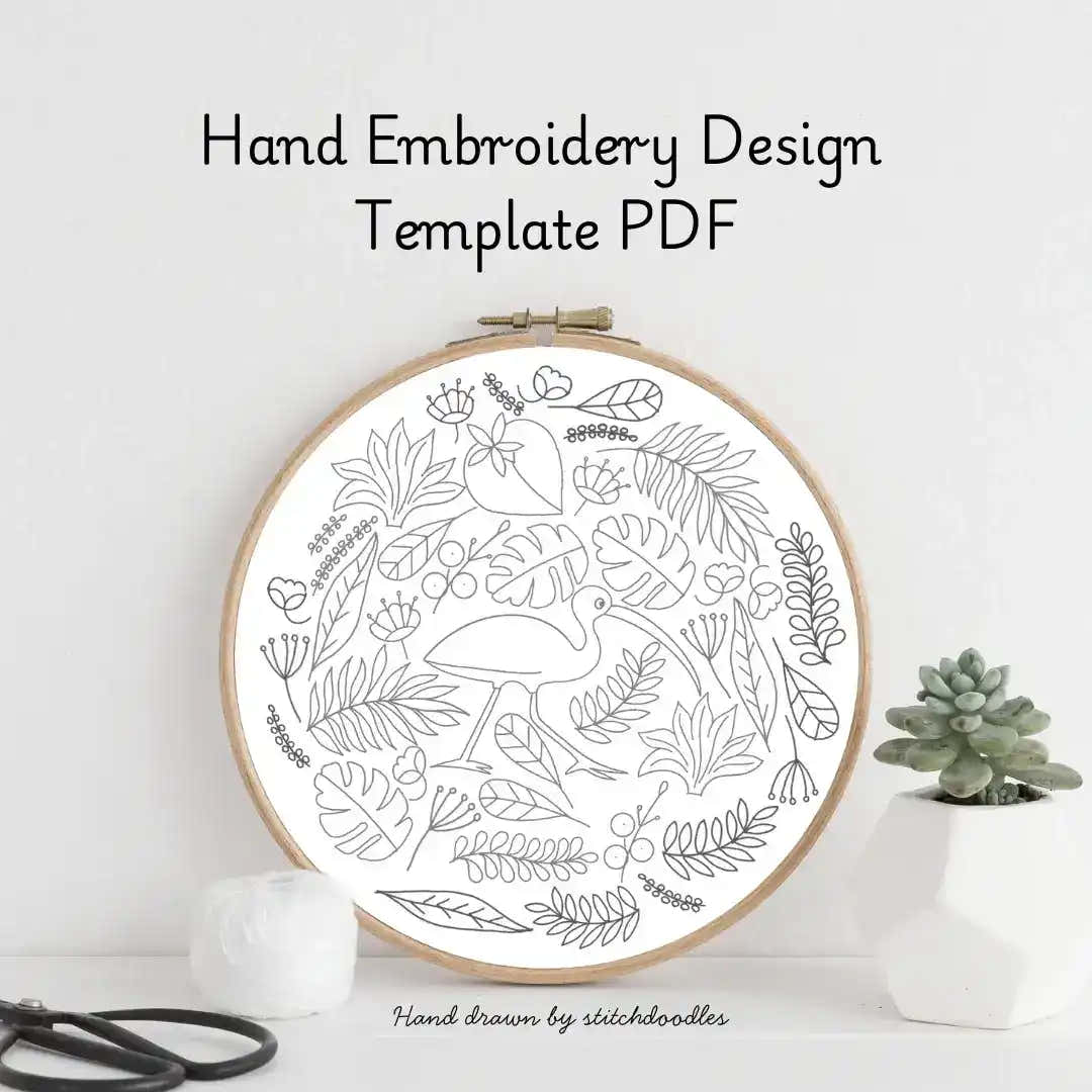 Hand embroidery design template PDF with hoop and floral pattern on a white background