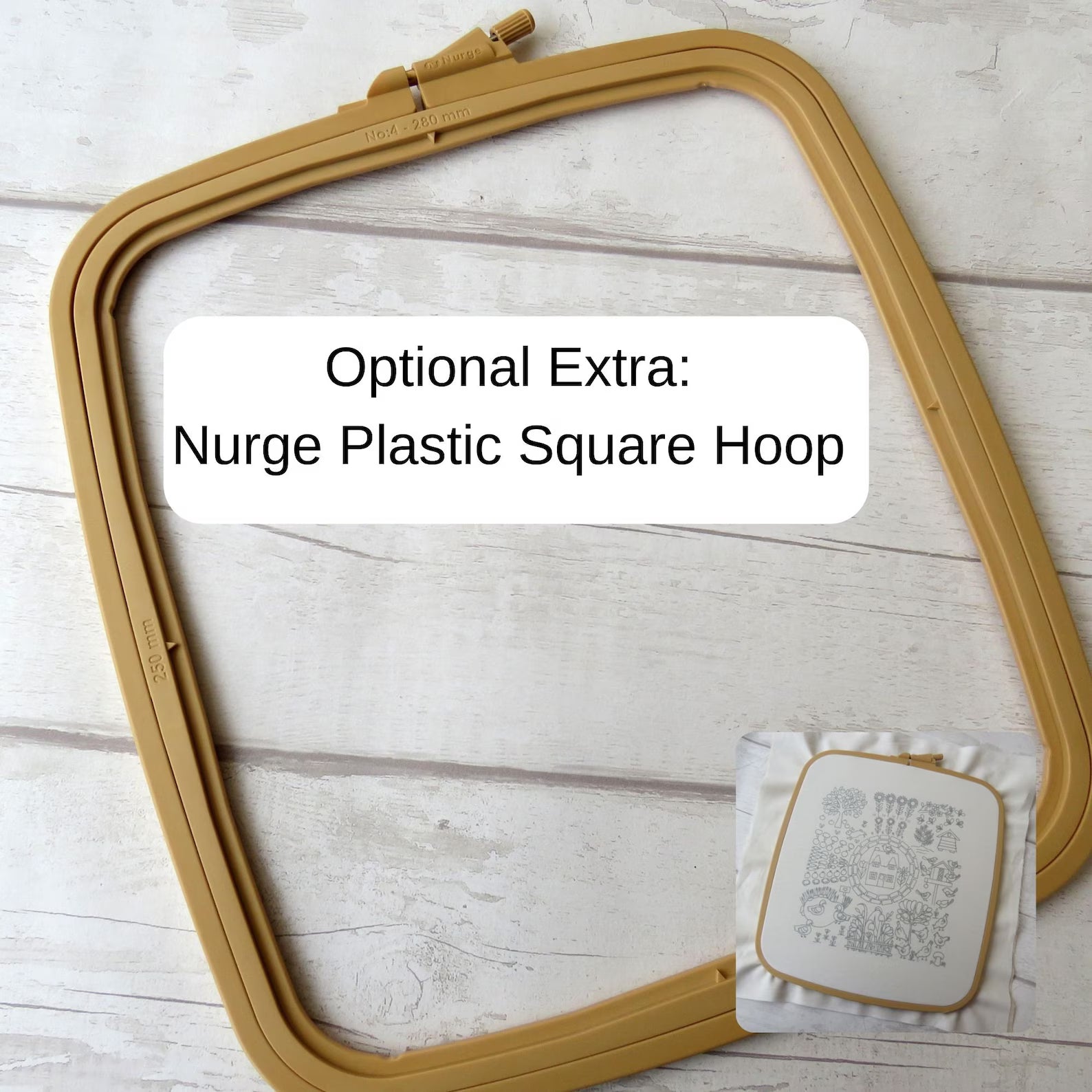 Nurge plastic square hoop with a label on a light wooden surface