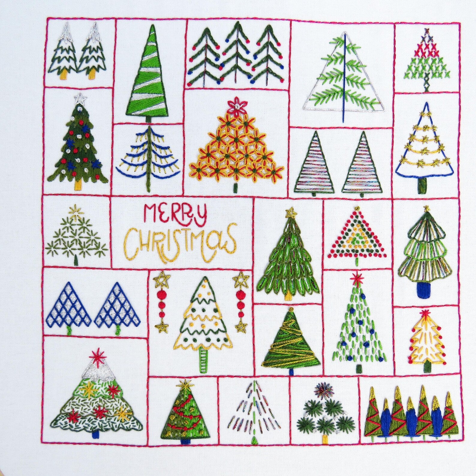 Patchwork of variously designed Christmas trees with 'Merry Christmas' text.