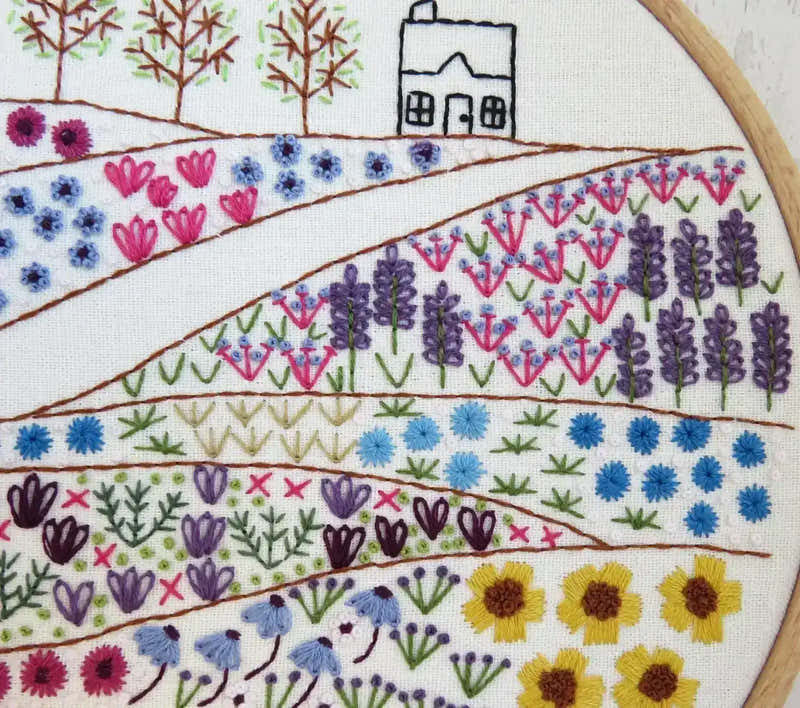 Embroidery hoop with a colorful floral and landscape design.