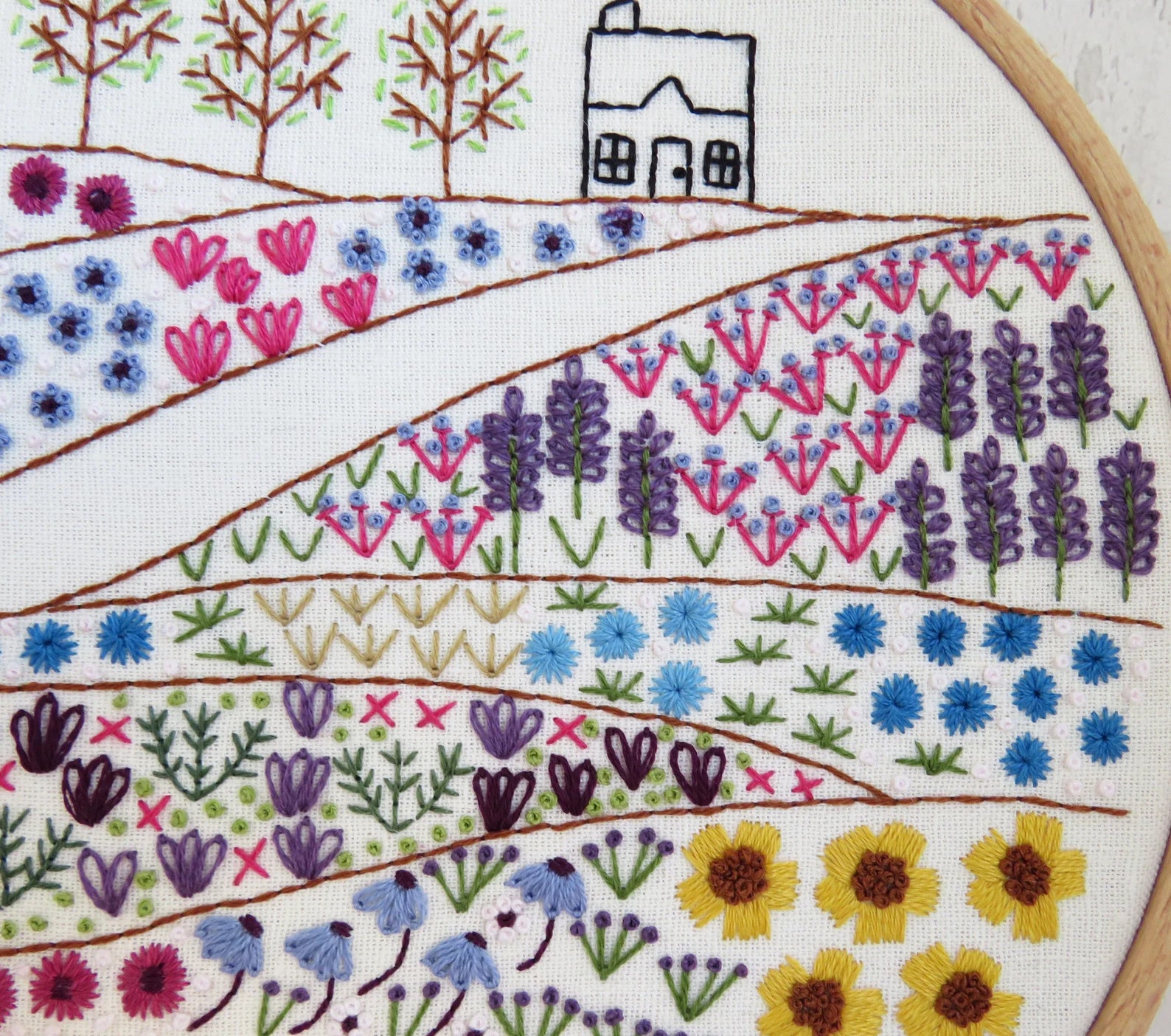 Embroidery hoop with a colorful floral and landscape design.