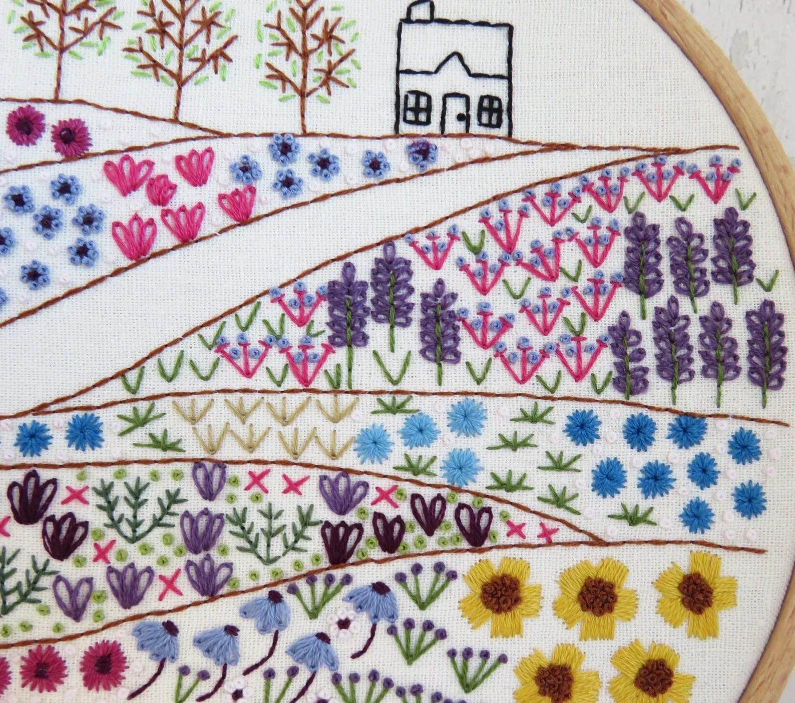 Embroidery hoop with a colorful floral and landscape design.