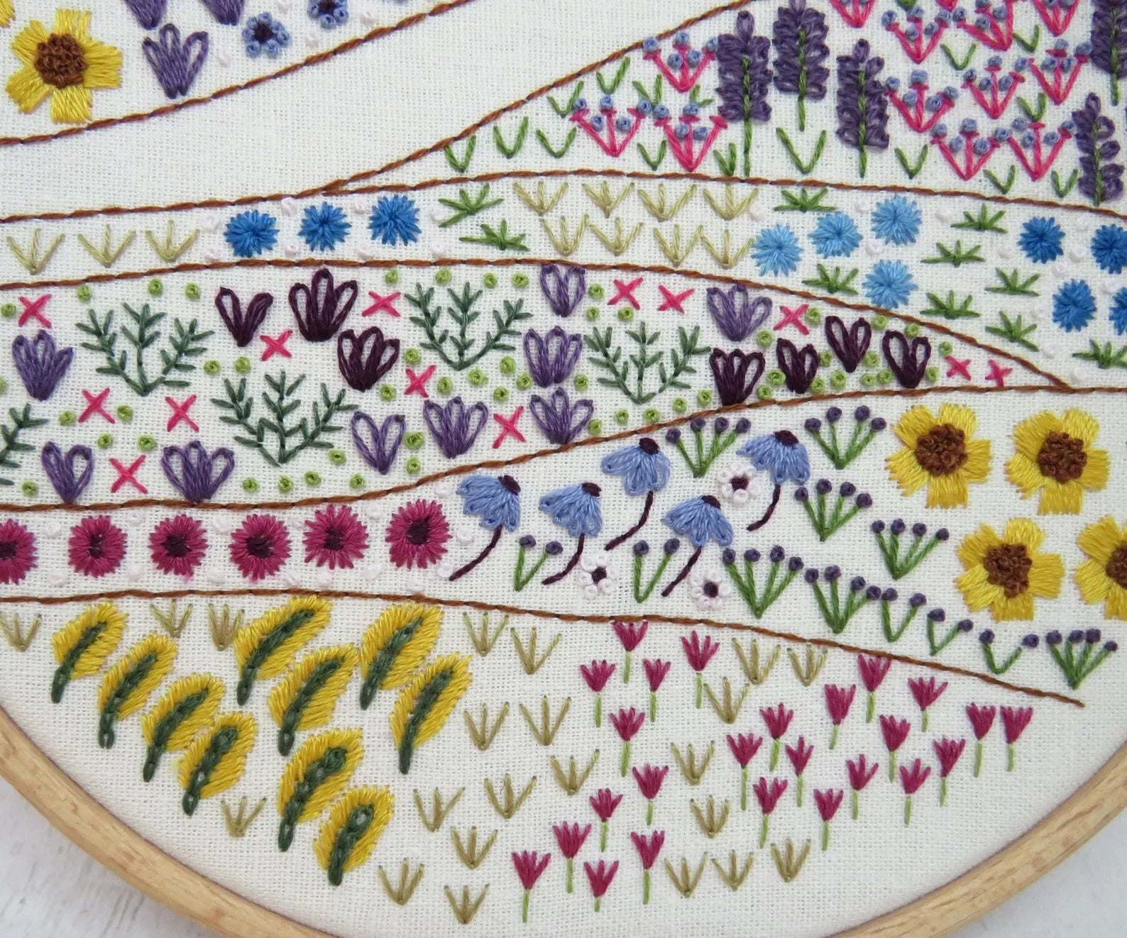 Embroidery hoop with floral and animal pattern on a white background