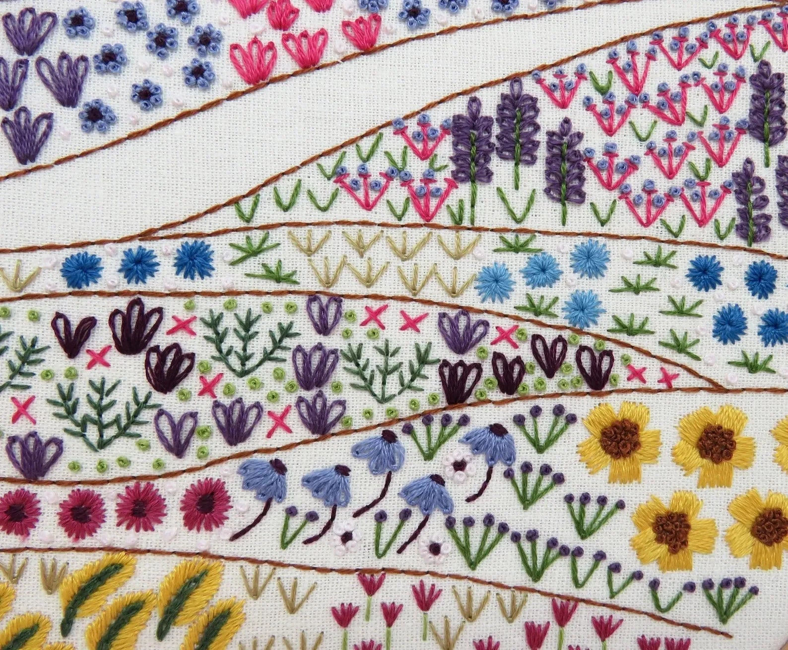 Embroidered pattern of flowers and plants on fabric
