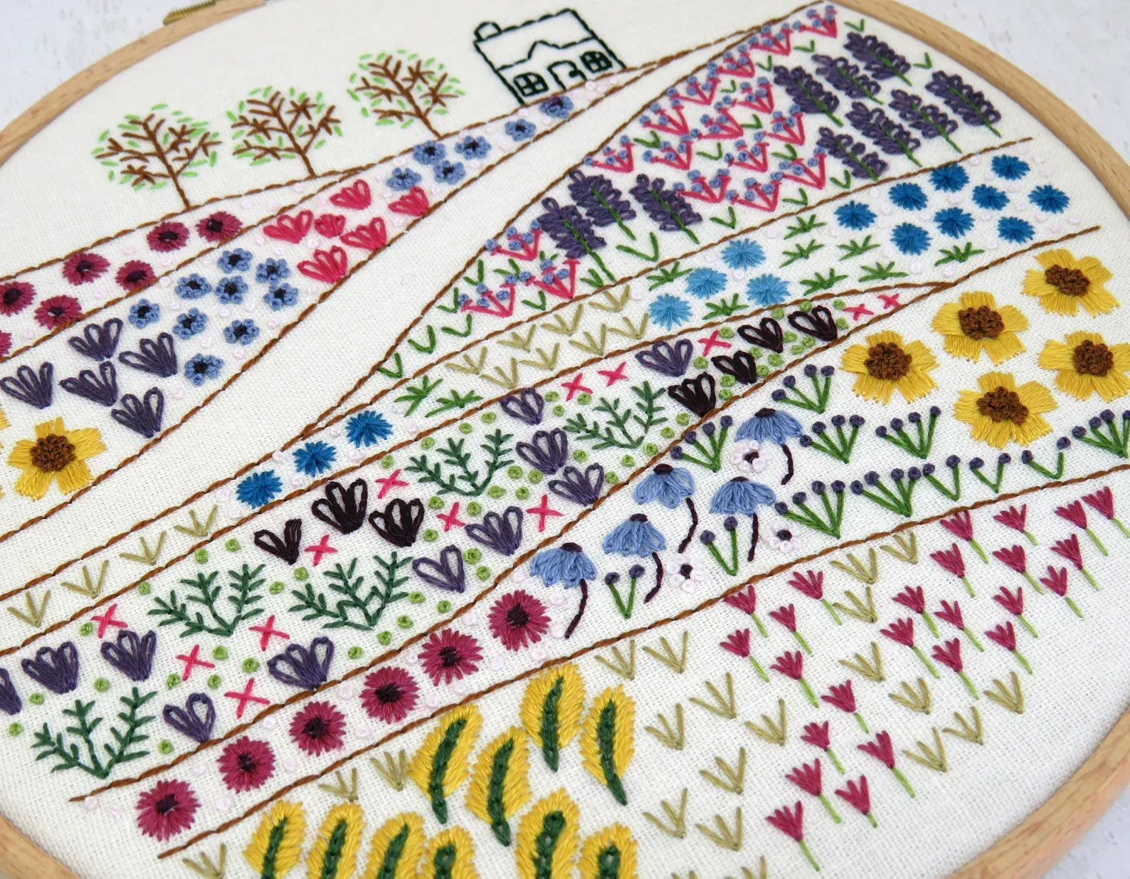 Embroidery hoop with floral and geometric patterns on a white background