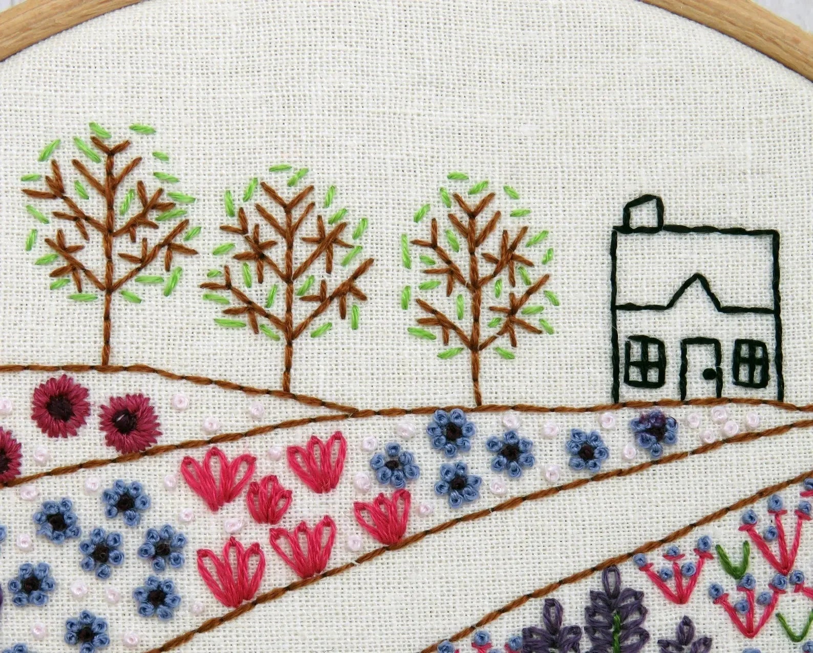 Embroidery hoop with a landscape design featuring trees, flowers, and a house.