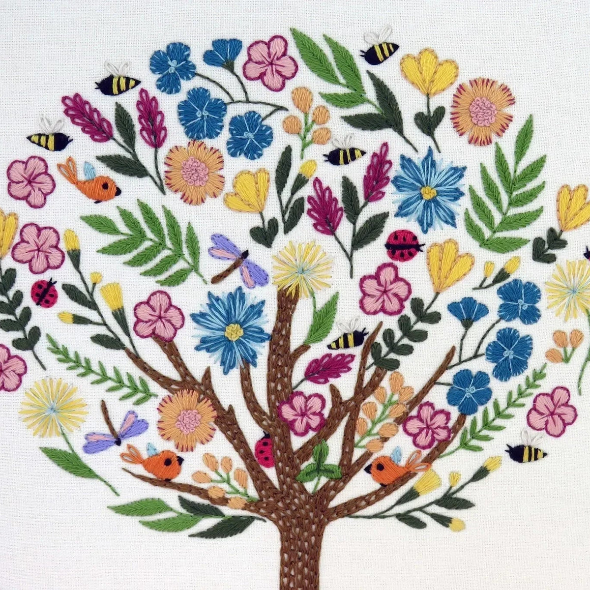 Embroidered tree with colorful flowers and leaves on a white background