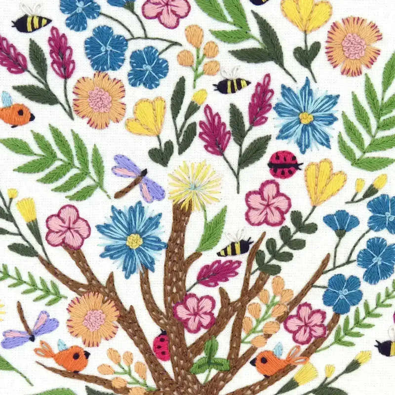 Colorful floral pattern with leaves and insects on a white background