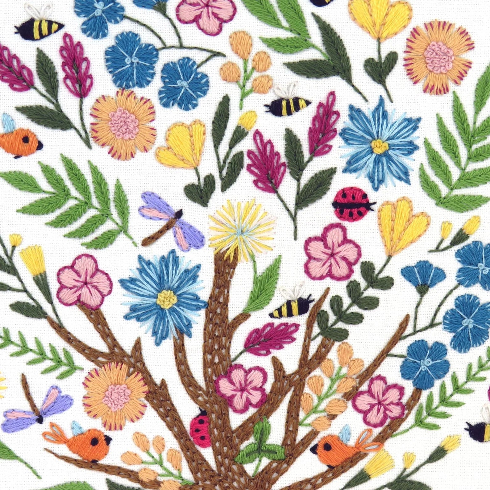 Colorful floral pattern with leaves and insects on a white background