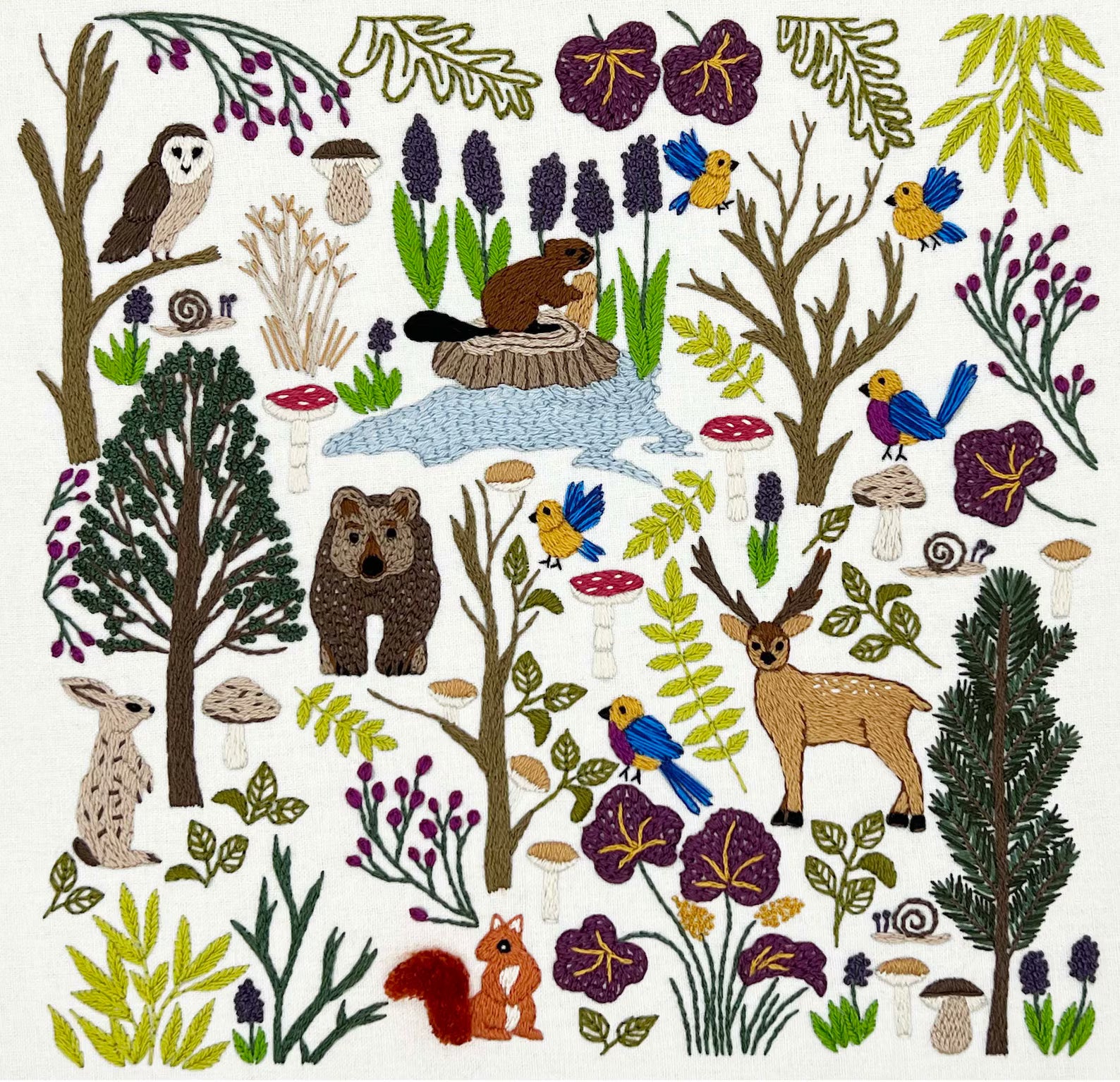 Illustration of various forest animals and plants on a white background
