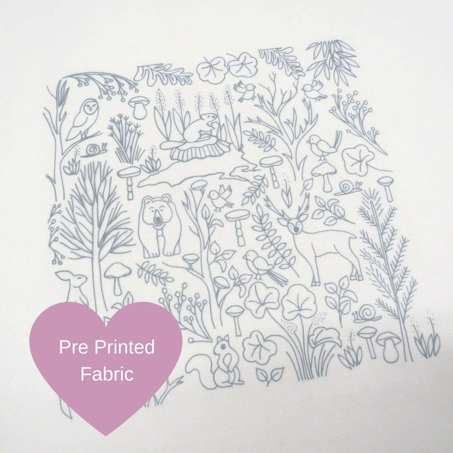 Pre-printed fabric design with forest animals and plants on a light gray background, featuring a purple heart with 'Pre Printed Fabric' text.